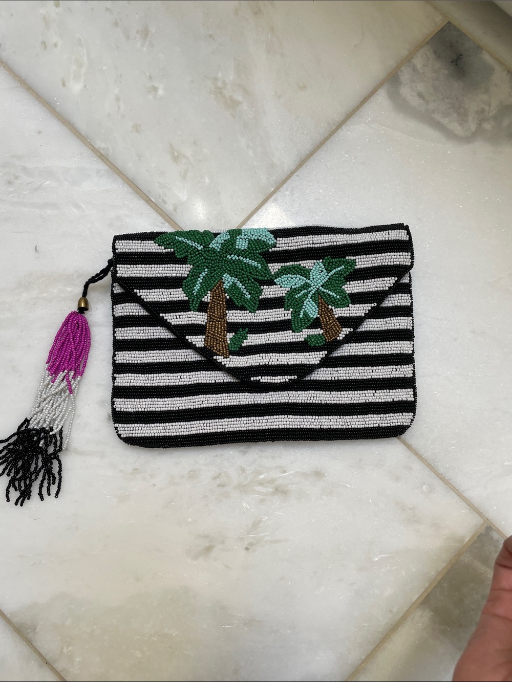Striped Beaded Palm Tree Clutch - Black & White